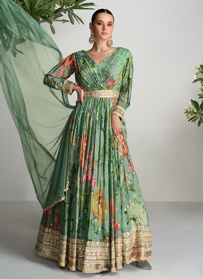 Real Chinnon Green Wedding Wear Printed Readymade Gown With Dupatta